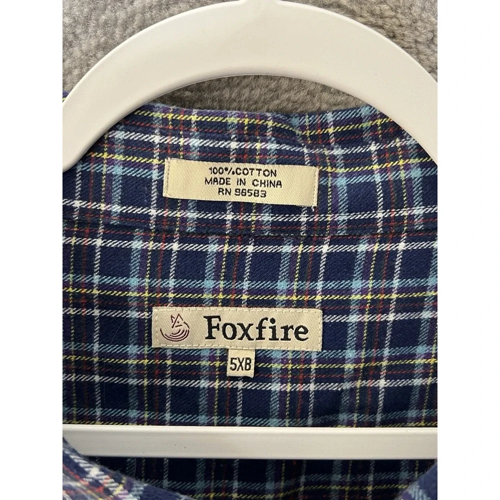Foxfire Button Down Flannel Shirt Mens Size 5XB Blue Plaid Cotton Long Sleeve
